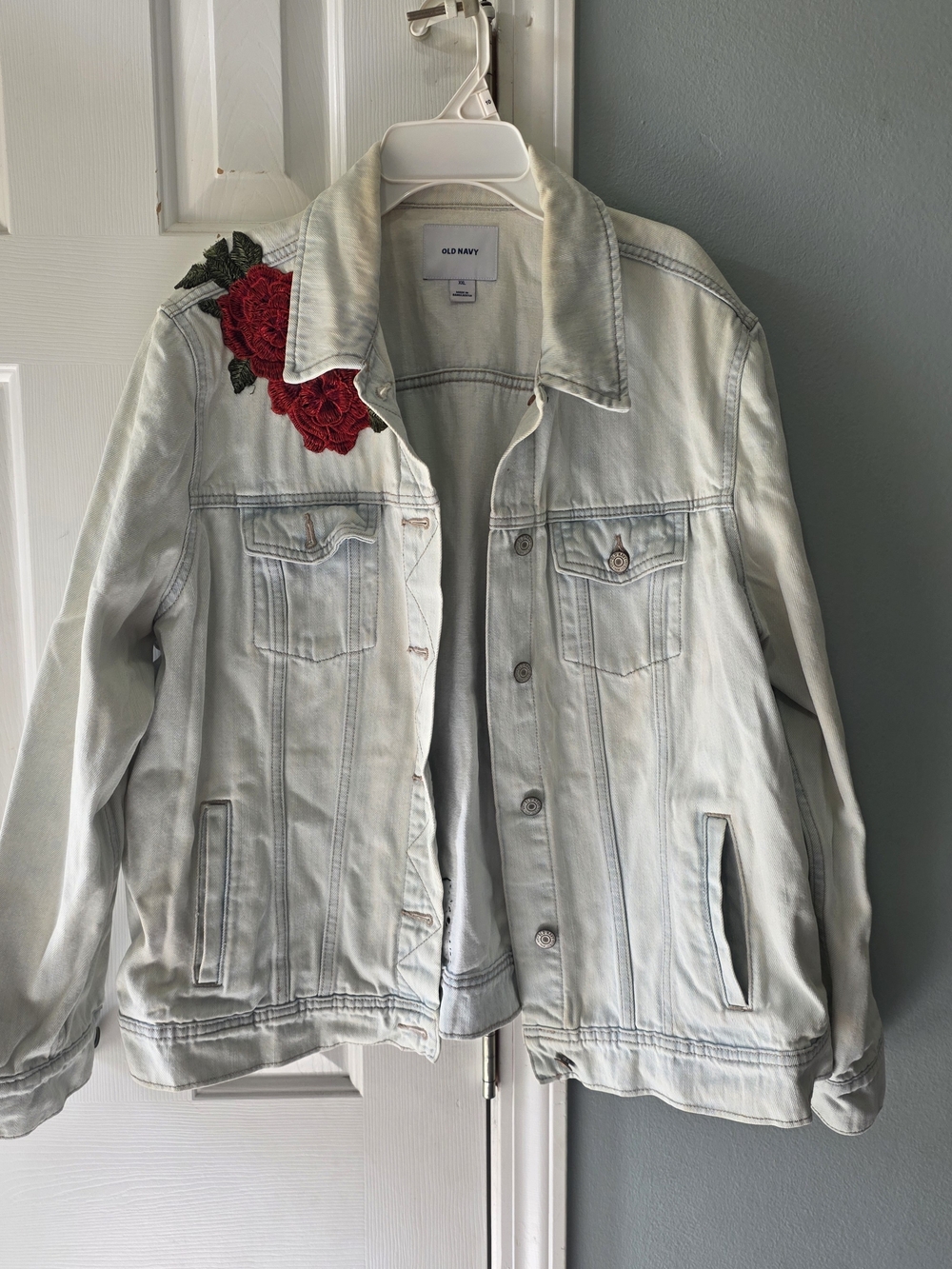 Old Navy Light Wash Denim Jacket with Red Rose Embroidery